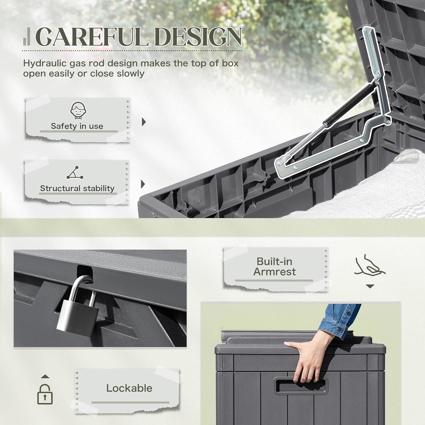 Greesum 100 Gallon Resin Deck Box Large Outdoor Storage with Cushions for Patio Furniture, Garden Tools, Pool Supplies, Weatherproof and UV Resistant, Lockable,Gray