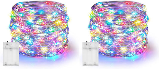 Dazzle Bright Fairy Lights Battery Operated, 2 Pack Total 40FT 120LED Silver Wire Waterproof String Lights, Christmas Decorations for Indoor Outdoor Bedroom Yard Decor, Multi-Colored