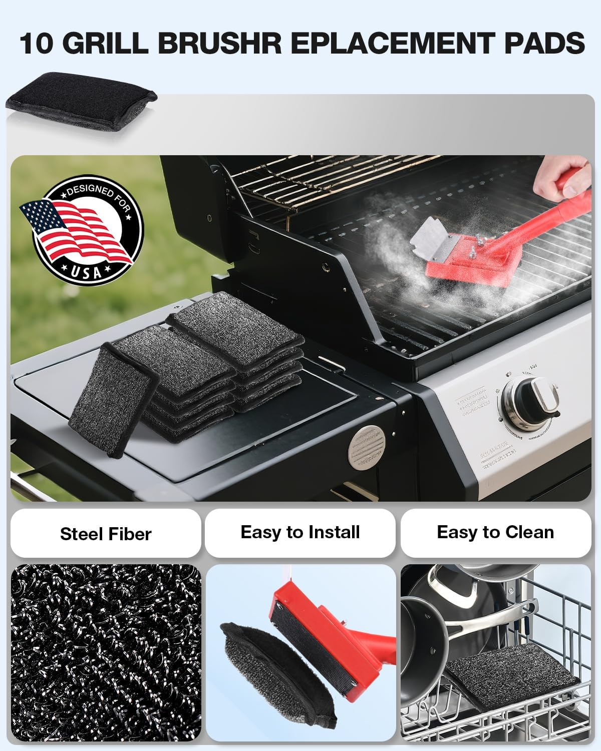 Grill Brush Bristle Free(Steel Wire),10 Replaceable BBQ Cleaning Head,Safe Replacement Cleaning Pad for Cast Iron or Stainless-Steel Grates (No Handle)