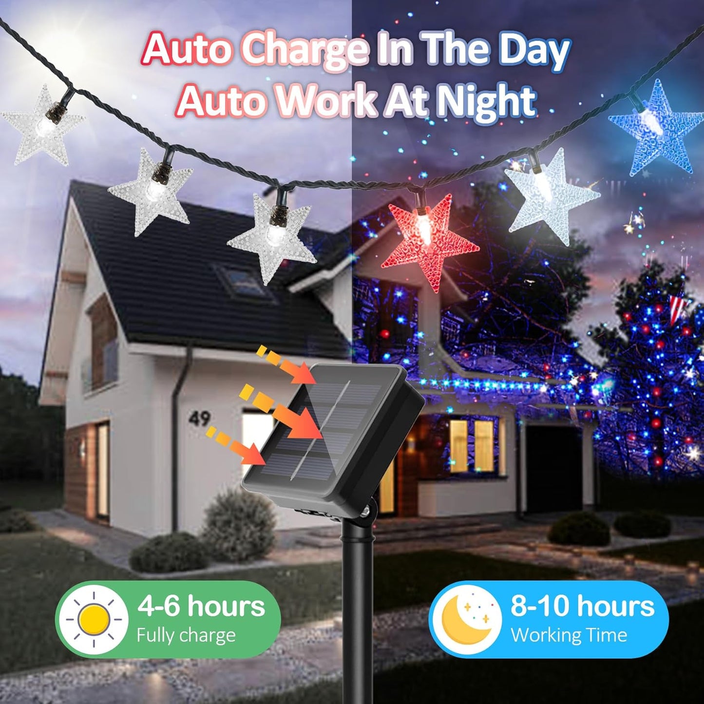 4th of July Twinkle Solar Star String Lights Decorations Outdoor Waterproof Fairy Lights 39FT Red White and Blue 100 LED with 8 Lighting Modes for Independence Day President Day Memorial Day