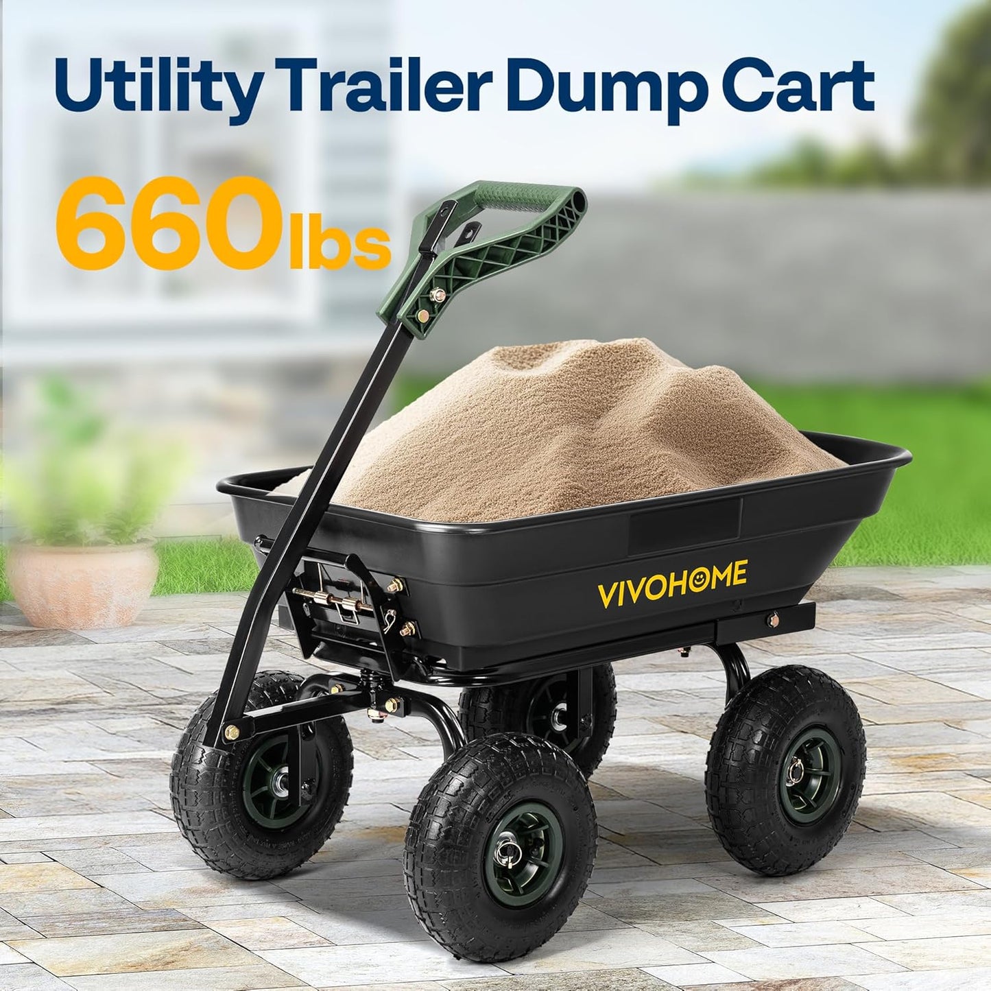 VIVOHOME 4 Cu.Ft 660lbs Wheelbarrow Garden Cart Dump Wagon with 2-in-1 Convertible Handle Attach to ATV or Tractor, 10" All Terrain Wheels, Quick Release System, Heavy Duty Utility Trailer for Yard