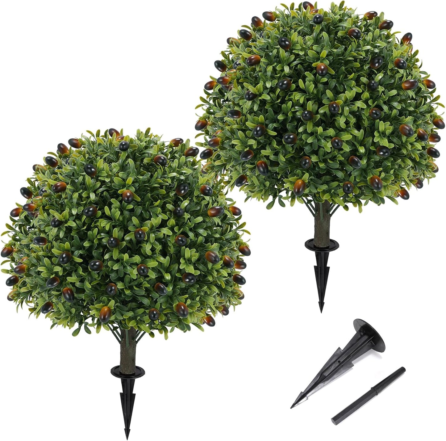 Artificial olive Topiary Ball Tree 24" with Ground Spike, Set of 2 Artificial Boxwood Bushes for Faux Shrubs, Fake Evergreen Faux Plant for Indoor Outdoor Porch Garden -UV Resistant–Fade-Proof