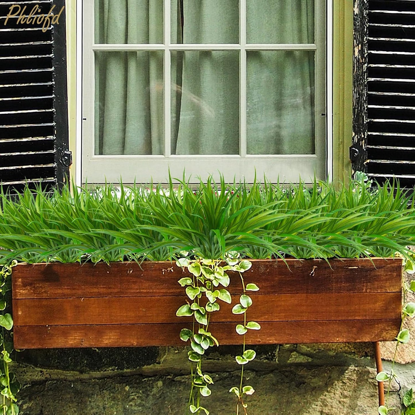 16Pcs Artificial Grass Fake Plants 17.3in 16 Leaves Outdoor Fake Grass UV Resistant Greenery Plastic Plants for Home Window Garden Patio Hanging Planter Pathway Front Porch Décor Green