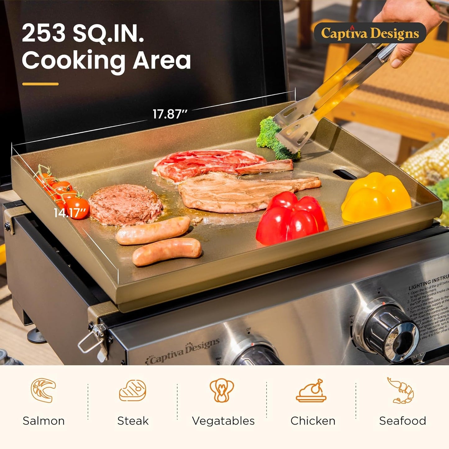 Captiva Designs 17 Inch 2 Burner Portable Propane Gas Griddle Grill with Lid, Outdoor Foldable Flat Top Grill with Stand for Barbecue, Camping and Tailgating