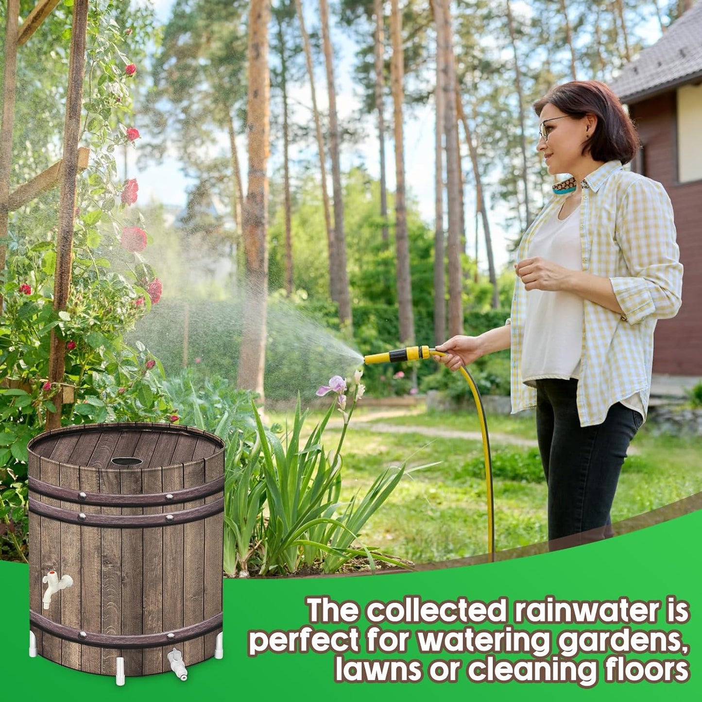 Collapsible Rain Barrels, 50 Gallon Rain Water Collection Barrel, Rain Catcher Barrels to Collect Rainwater from Gutter, Leak-Proof Design, Woodgrain