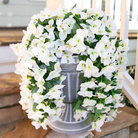 Bougainvillea Artificial Hanging Flowers Plants for Outdoors Decoration, 2pcs Fake Flowers Silk Bougainvillea Vines Realistic UV Resistant Faux Flowers for Outdoor Planters Patio Urn, White