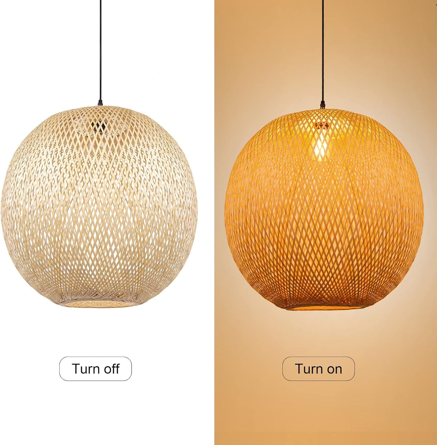 Arturesthome Natural Bamboo Pendant Lamp, Round Hanging Ceiling Light Wicker Chandelier, Hand-Woven Boho Basket Lampshade for Kitchen Island Living Room