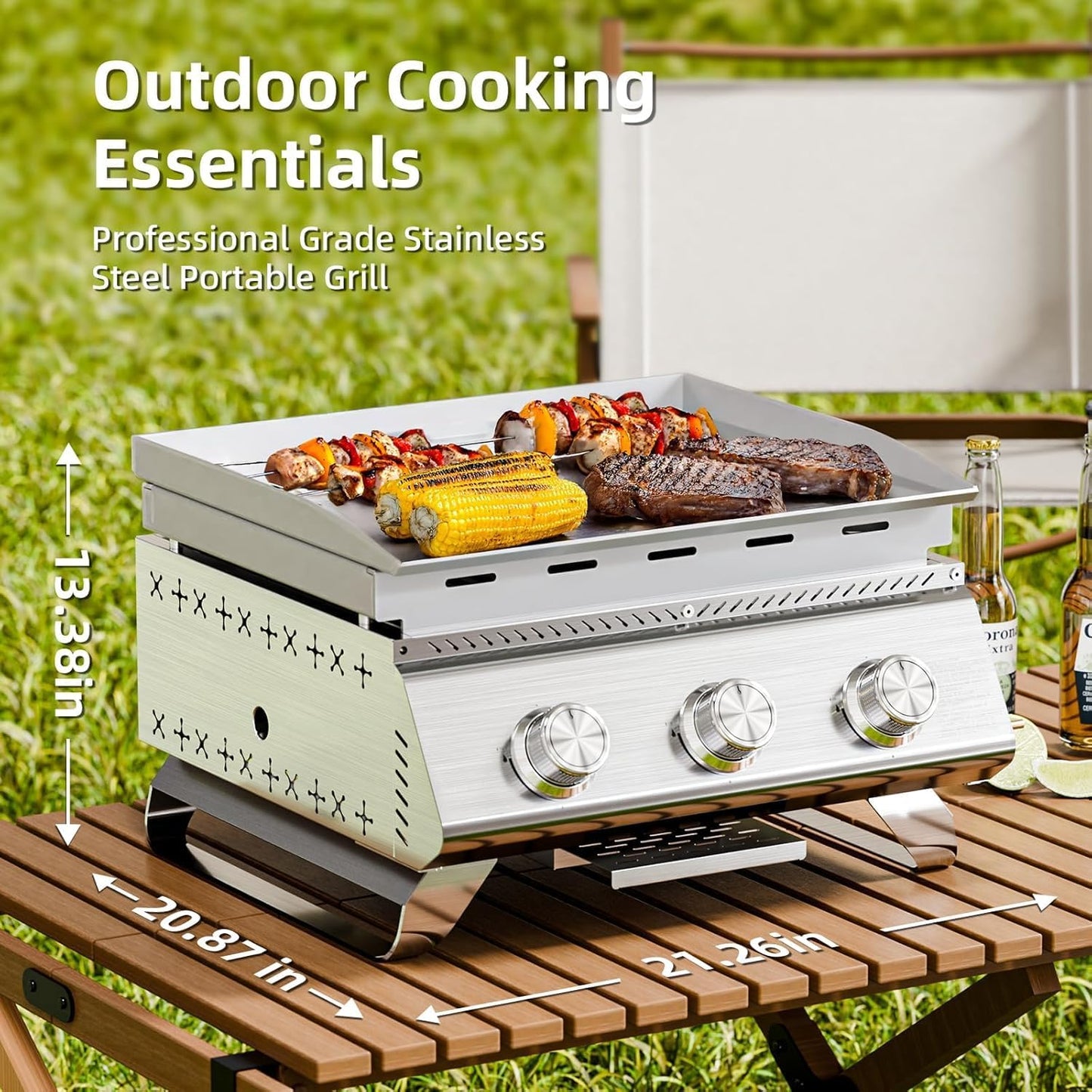 3-Burner Stainless Steel 2-in-1 Tabletop Grill and Griddle Combo, 24,000 BTU Portable Flat Top Propane Gas Grill for Commercial BBQ, Outdoor Cooking, Camping, Tailgates & Backyard