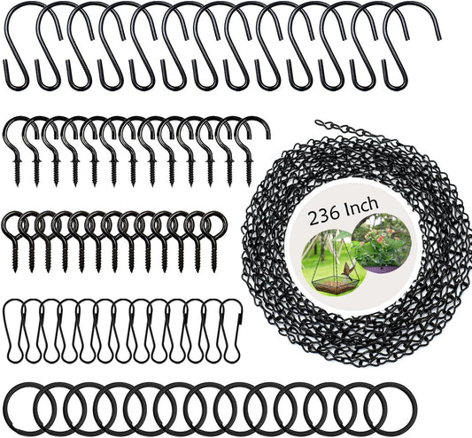 YINGFENG 236 Inch Black Metal Hanging Chains and Hanging Basket Hooks Set for Bird Feeders, Birdbaths, Planters, Grow Lights, Lanterns, Wind Chime and Ornaments, Eye Screws, Chain Hooks DIY
