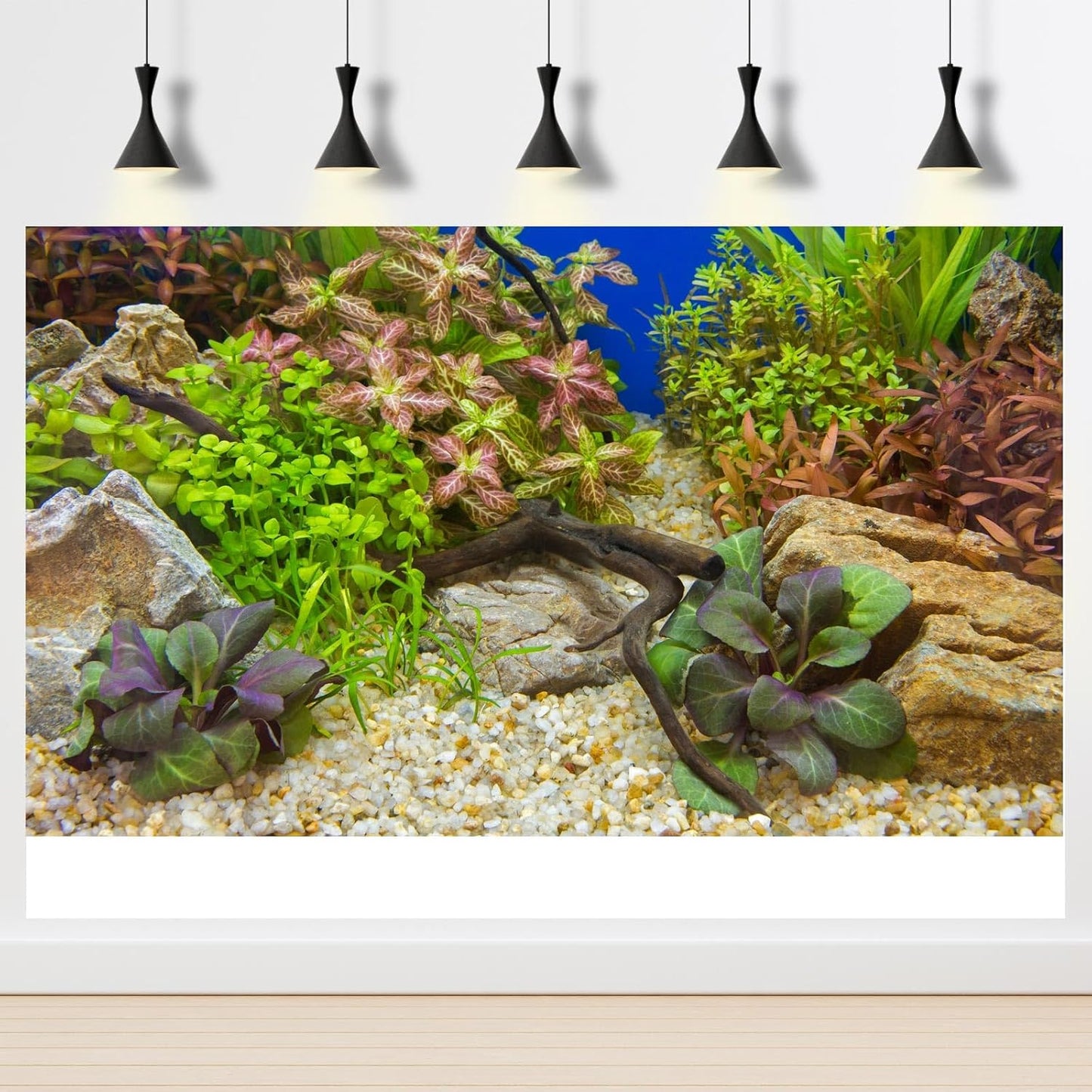 Aquarium Background Various Underwater Grass Plants Pebble Aquarium Backdrop Vivid and Fresh Green Aquatic Plants Stone River Bed and Dead Wood Purple Leaves Tank Background Vinyl 72x16in