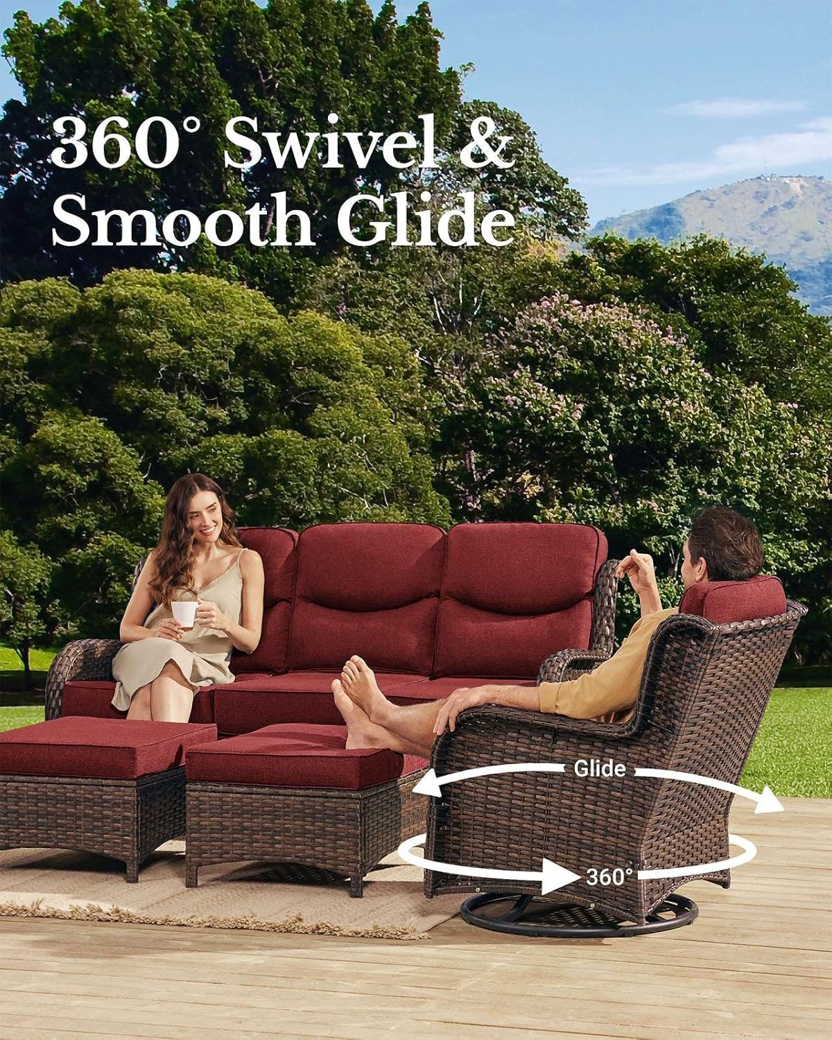 HILLGA Luxury Patio Furniture Set with 6-inch Thick Cushion, Outdoor Couch and High Back Swivel Rocker Patio Chairs, 10PCS Wicker Conversation Set for Deck Yard and Poolside, Burgundy (V2)