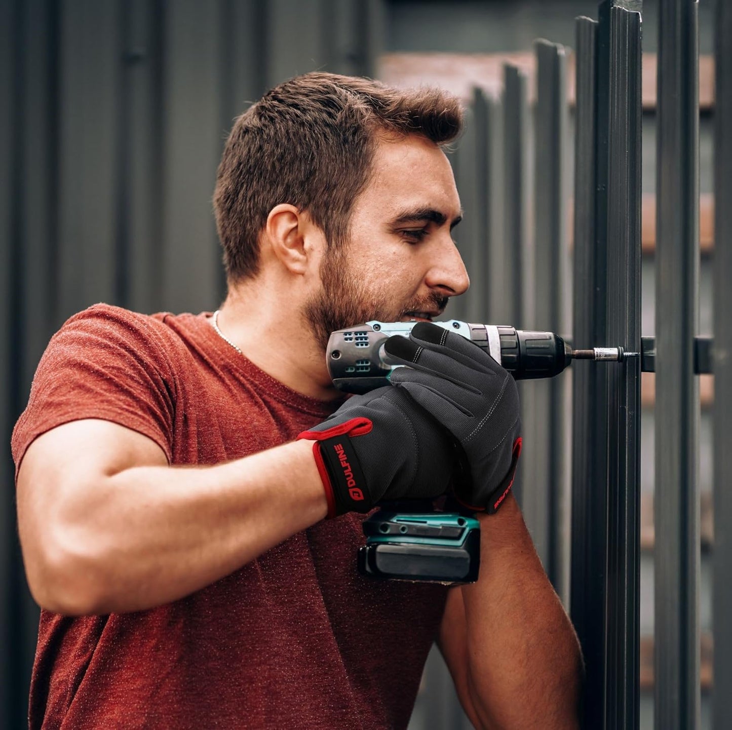 DULFINE Flex Grip Mechanic Work Gloves for Men,Black and Red Utility Safety Working Gloves Touch Screen,Excellent Grip,Ideal for Working on Cars and Outdoor Jobs(X-Large)