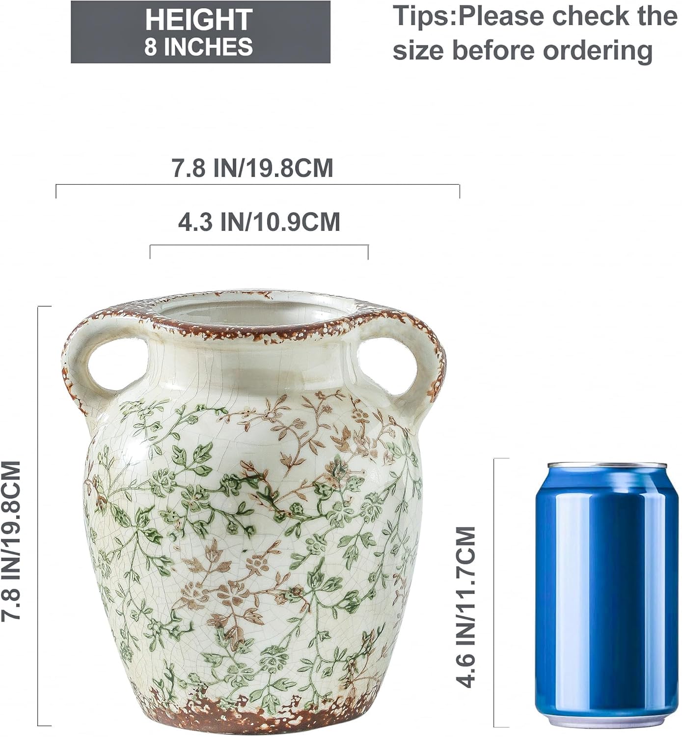 Enra Vintage vase,7.8 Inch Green and Beige Ceramic Decorative Flower vase, Chinoiserie Floral Vase,Large Rustic Vases for Home Decors, Living Room, Bookshelf, Office