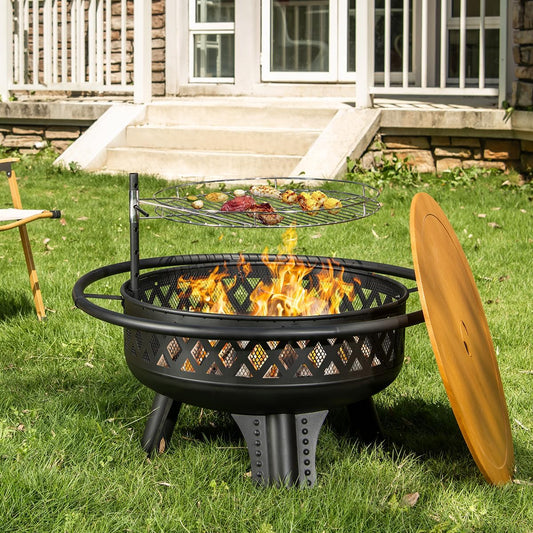 32 Inch Outdoor Fire Pit with Grill, Wood Burning Firepit for Outside with Lid/Fire Poker, Metal Round Fire Pit Table for Patio Backyard Garden Bonfire Party