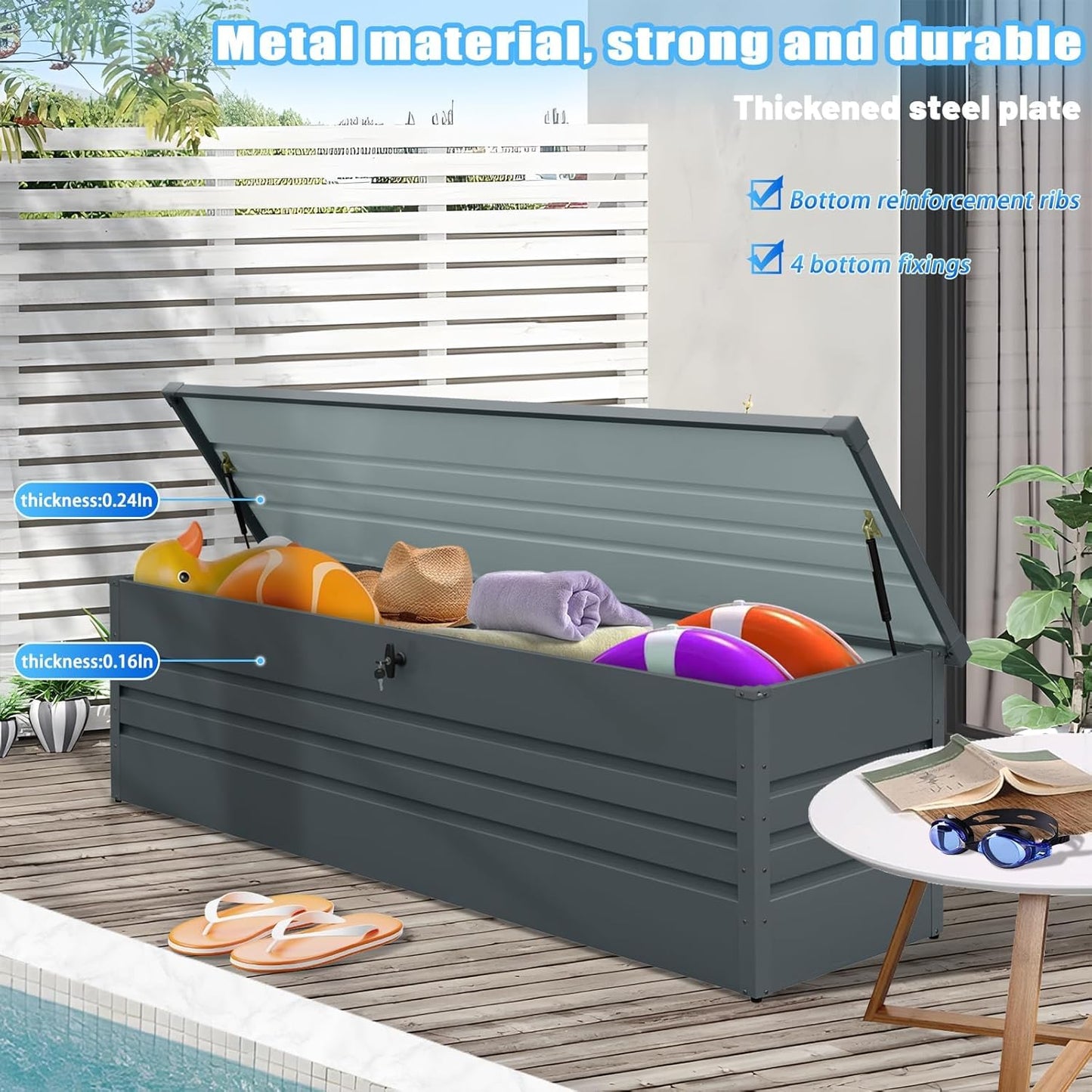260 Gallon Waterproof Outdoor Storage Box, Extra Large Outside Metal Deck Storage Box for Patio Cushions, Garden Tools, Pool Supplies