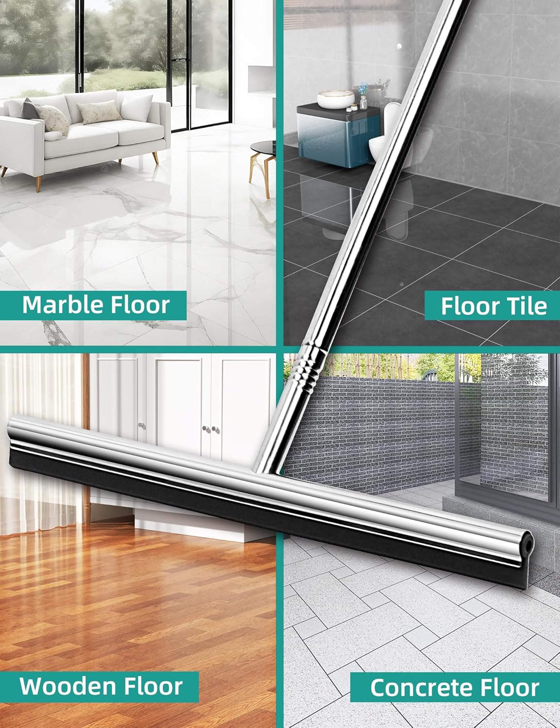 Floor Squeegee Scrubber 59inch Long Stainless Steel Handle with 15inch Wide Silicon Rubber Blade Squeegee Broom for Floor Washing and Drying Shower Glass, Garage, Window, Marble, Wood Surfaces