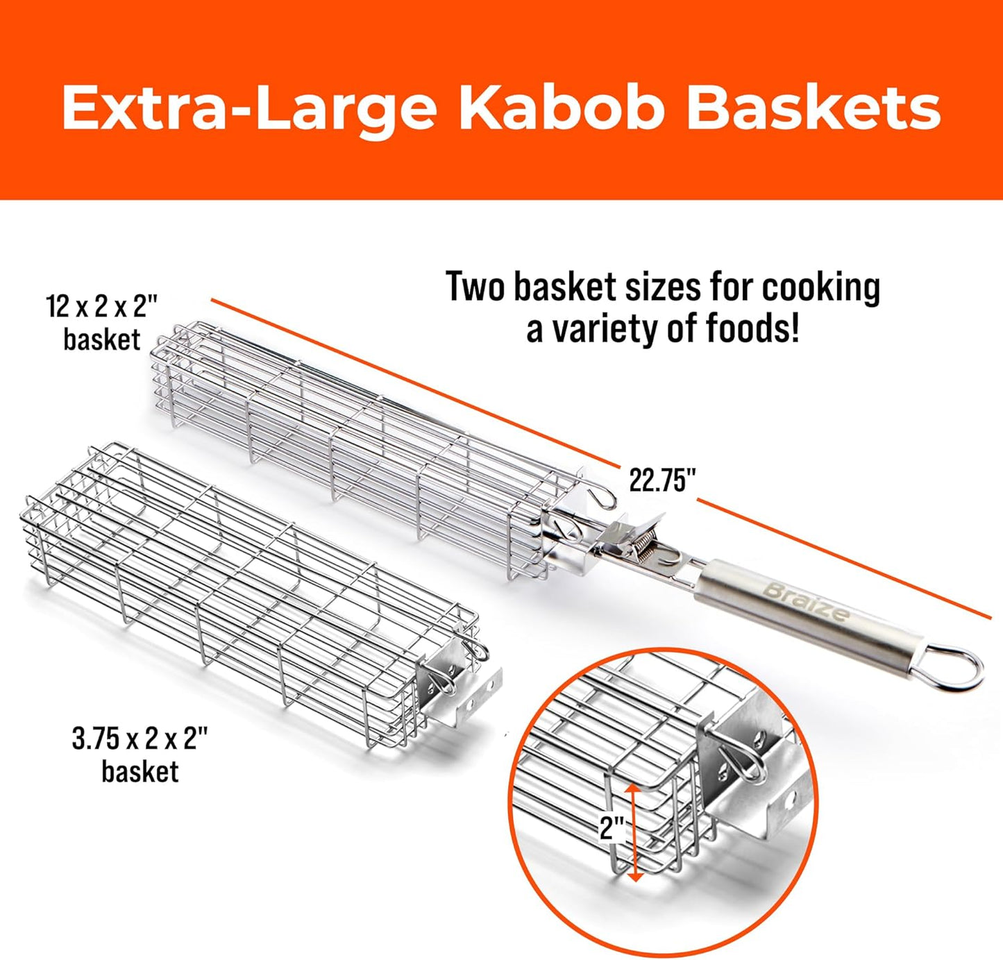 Large Grilling Basket Set – 3 Stainless Steel Kabob Baskets with Removable Handle & Scrubber Sponge – Heavy-Duty Grill Accessory for Veggies, Meat & More