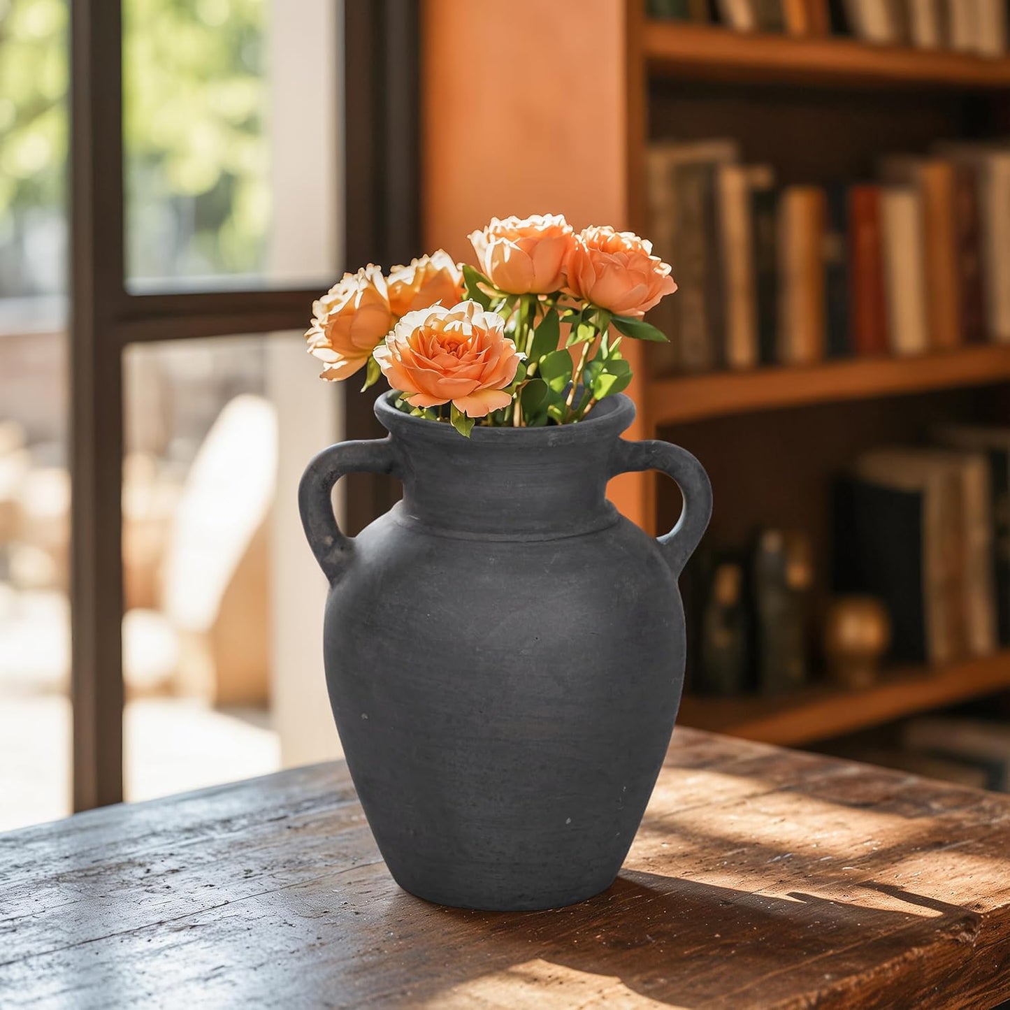 Sagebrook Home Black Boho Terracotta Vase - Amphora-Style Decorative Flower Holder for Home, Office & Living Room - 9" Black