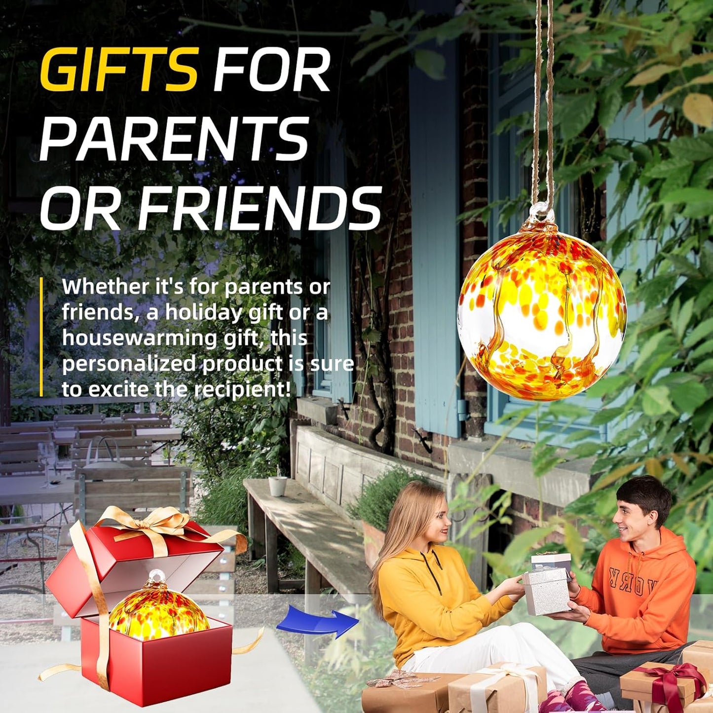 VOREEN 6" Hanging Glass Garden Gazing Ball Hand Blown Glass Witch Ball Christmas Ornament Friendship Balls for Outdoor Garden Patio Window Home Décor, Gift for Mom Wife Friend, Orange