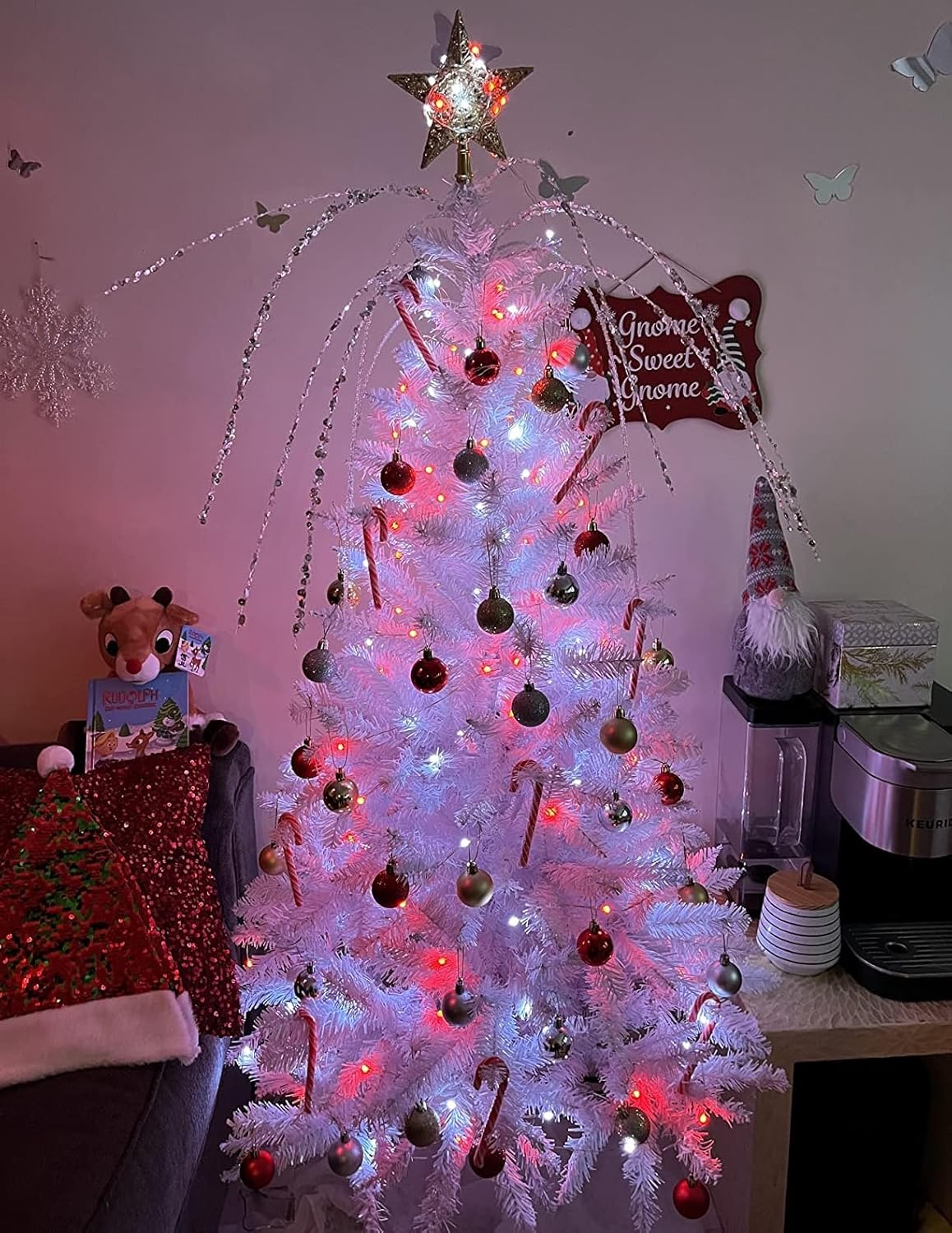 YEGUO Solar Fairy Lights Outdoor Waterproof, 4 Pack Each 33ft 100 LED String Lights, 8 Modes Silver Wire Solar Outdoor Lights (Red and White)