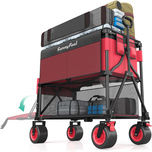 SUNNYFEEL Heavy Duty Collapsible Outdoor Utility Wagon Cart 500LB Capacity Adjustable Handlebar,Foldable Beach Wheels Stable Durable Oxford Fabric for Shopping Garden Camping (Red, Double Deck)
