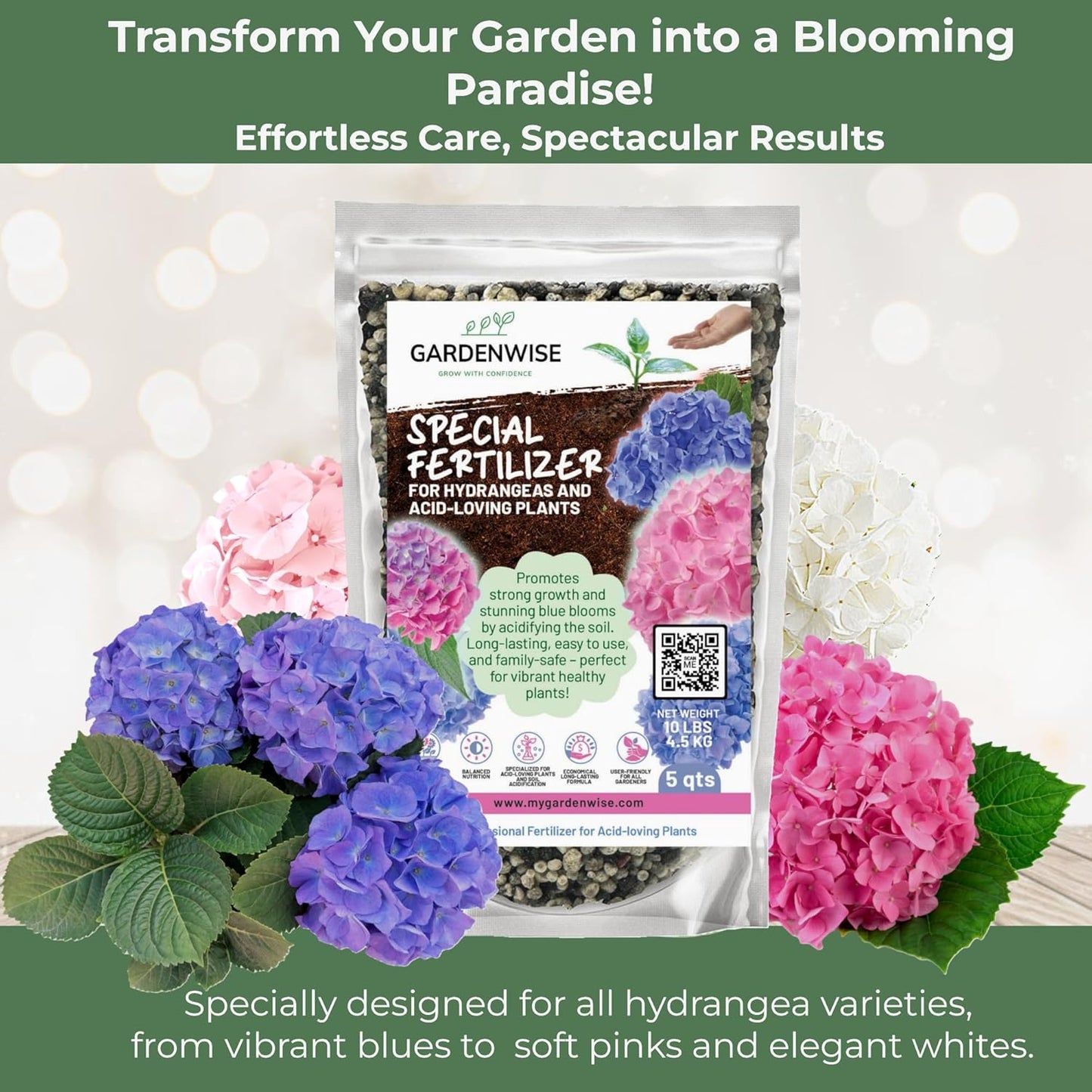 Slow Release Hydrangea Fertilizer with Iron & Sulfur – Indoor & Outdoor Soil Acidifier for Miracle Growth (1/2 qt)