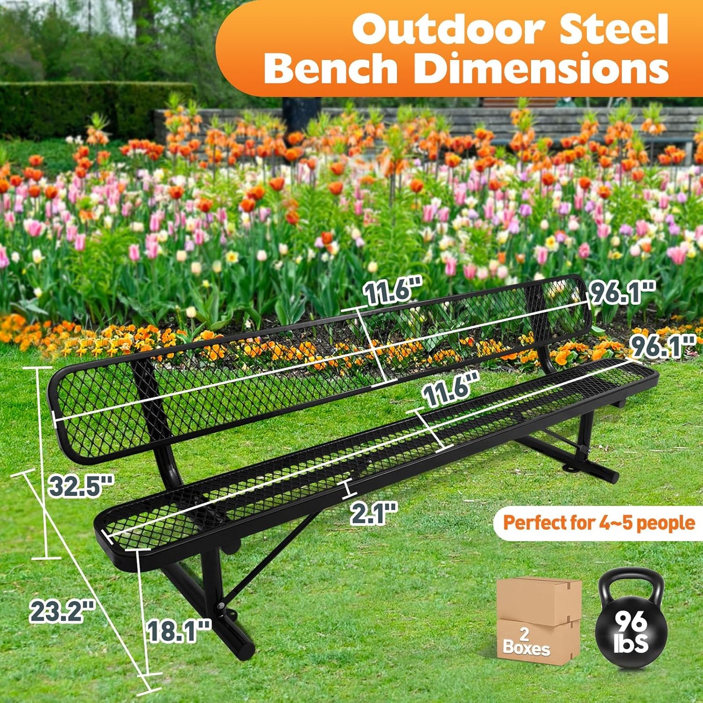 8Ft Outdoor Bench with Back Portable Frame, Outdoor Steel Park Bench with Backrest, Expanded Metal Mesh Bench for Outside, Lawn, Backyard, Park, Deck, Garden, Patio, Porch, Black