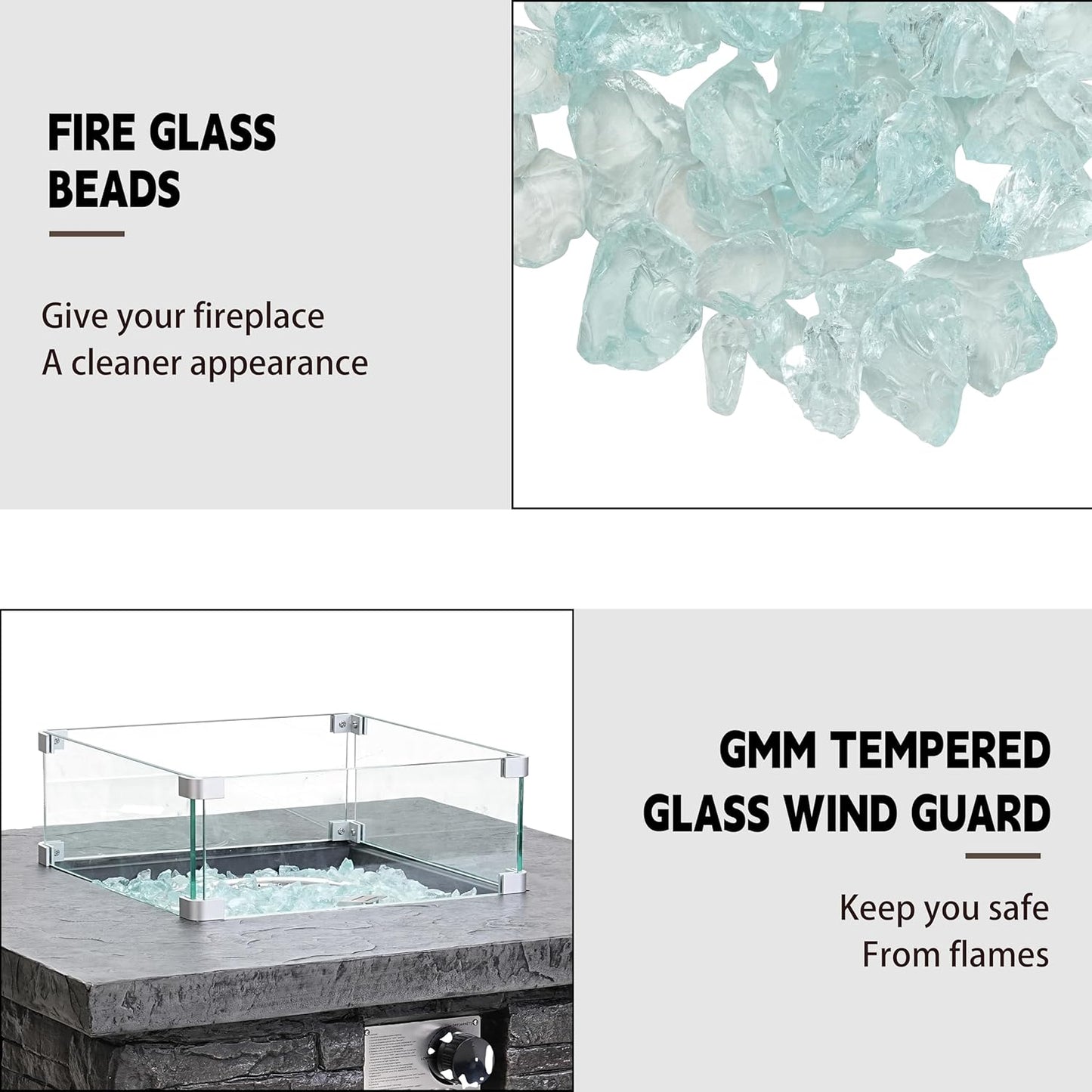 32" Outdoor Propane Fire Pit Table, Stone Fire Table Square Firepit w Glass Wind Guard(50,000 BTU), 2 Piece Slate Gas Fire Table in Deep Grey w Fire Glass, Rain Cover for Outside, Backyard