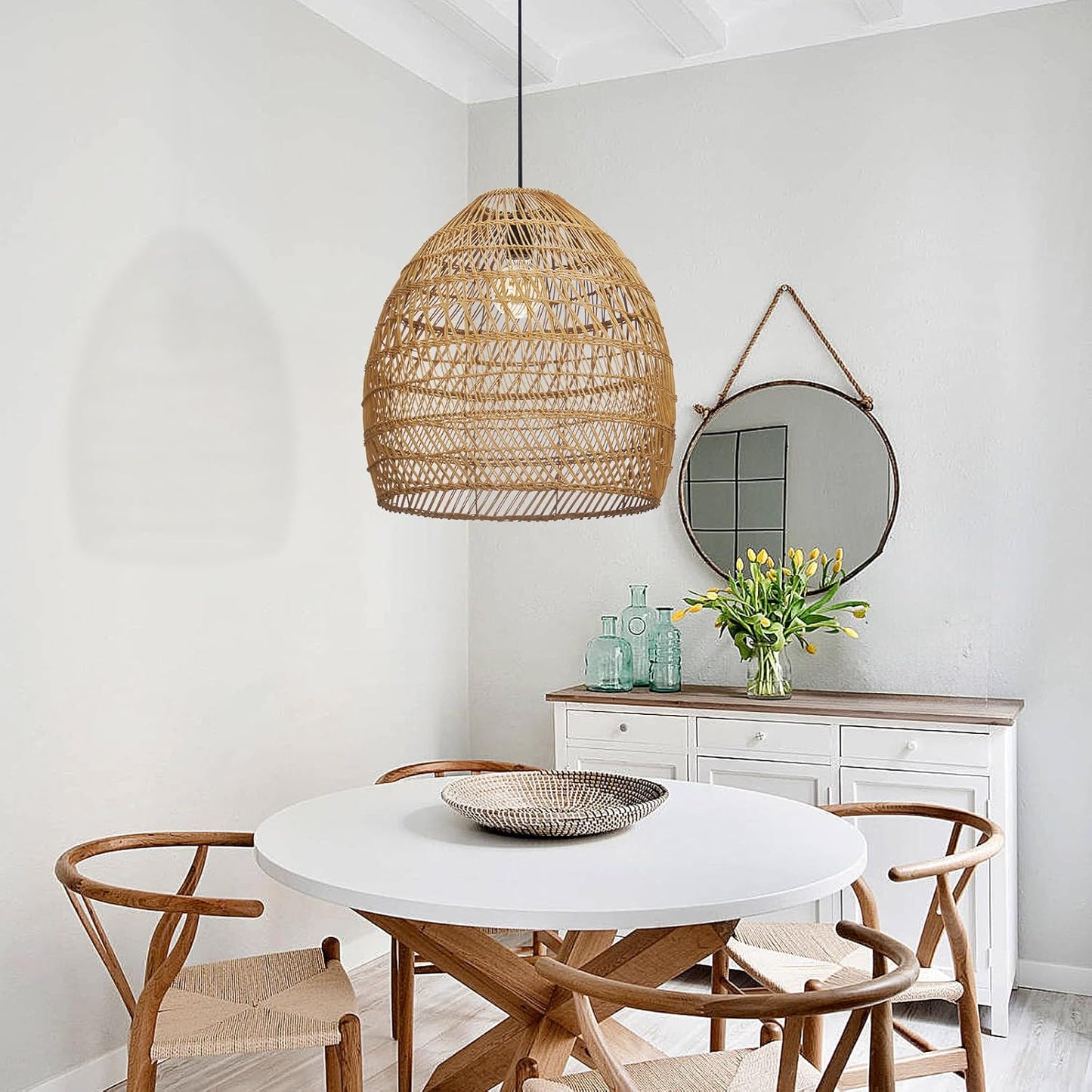 Arturesthome 17.7" Rustic Rattan Pendant Light,Woven Pendant Lighting Fixture,Vintage Farmhouse Chandelier Hanging Ceiling Lamp Shade for Kitchen Island Dining Room