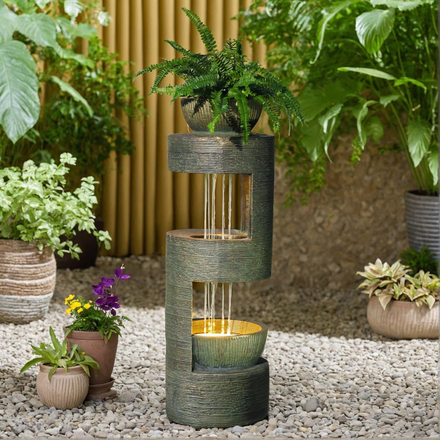 37.8" Outdoor Fountain with Waterfall & LED Lights, Freestanding Garden Water Fountain for Patio/Backyard, Resin Tiered Fountain with Pump