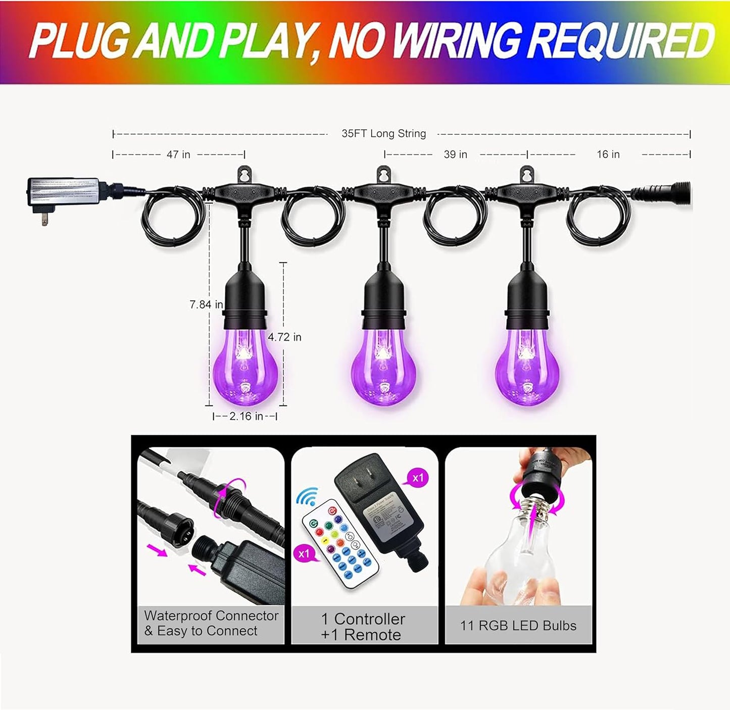 Auroraworld Outdoor Patio Lights Color Changing, 35FT RGB LED String Lights with E26 Shatterproof Edison Bulbs, Dimmable Patio String Lights for Bistro Backyard Garden, 1 Remote Controllers