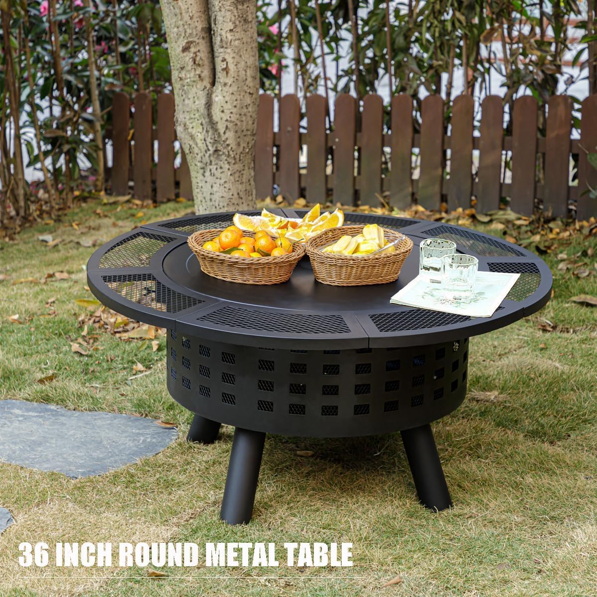36 inch Outdoor Fire Pit with Grill,Wood Burning Firepits for Outside with Lid & Fire Poker,Metal 3-in-1 Fire Pit Table with Cooking Grate,Outdoor Fireplaces for Bonfire,Yard,BBQ（Jet Black）