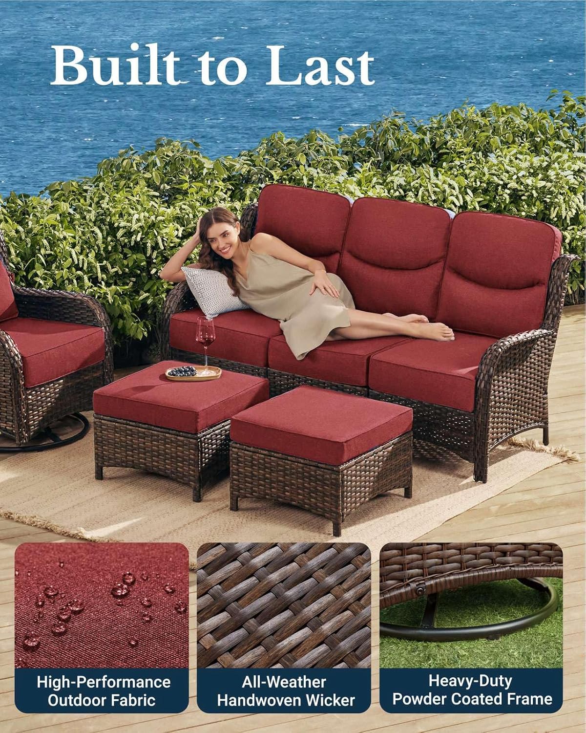 HILLGA Luxury Patio Furniture Set with 6-inch Thick Cushion, Outdoor Couch and High Back Swivel Rocker Patio Chairs, 7PCS Wicker Conversation Set for Deck Yard and Poolside, Burgundy (V2)