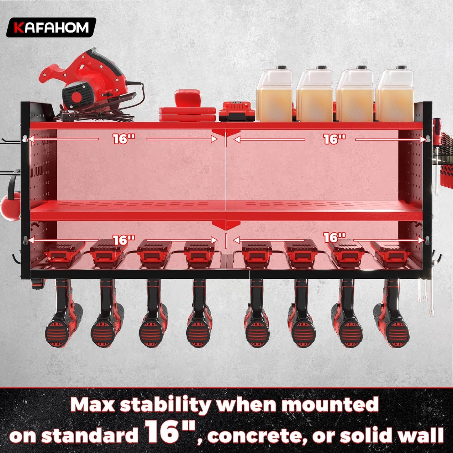 KAFAHOM Power Tool Organizer with Charging Station, Built in 8 Outlet Power Strip, Large 8 Drill Holder Wall Mount, Heavy Duty Metal Power Tool Storage Rack Tool Shelf for Garage Organization Red