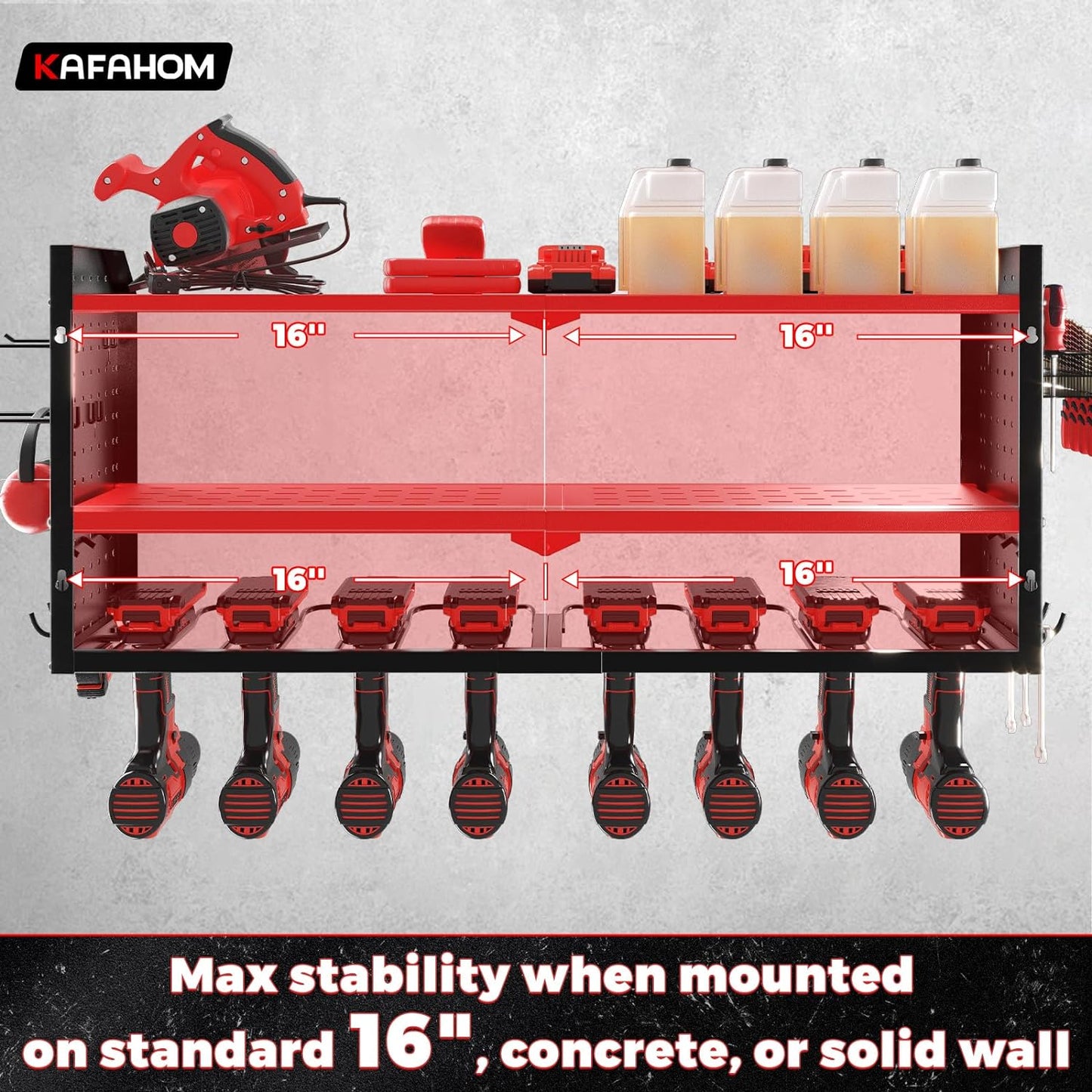 KAFAHOM Power Tool Organizer, Large 8 Drill Holder Wall Mount with 2 Side Pegboards, Heavy Duty Metal Tool Shelf with 12 Hooks, Storage Rack for Garage Organization, Utility Battery Shelves - Red