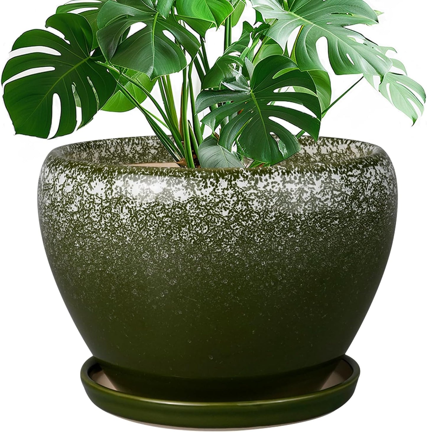 10 Inch Planter Pot - Ceramic Pots for Plants with Drainage Hole and Saucer, Round Large Flower Pot for Indoor Plants, Dark Green