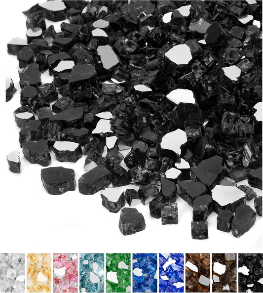 Mr. Fireglass 10 Pounds Fire Glass - 1/4 Inch High Luster Reflective Tempered Glass Rocks for Fireplace Fire Pit Table and Landscaping, Onyx Black