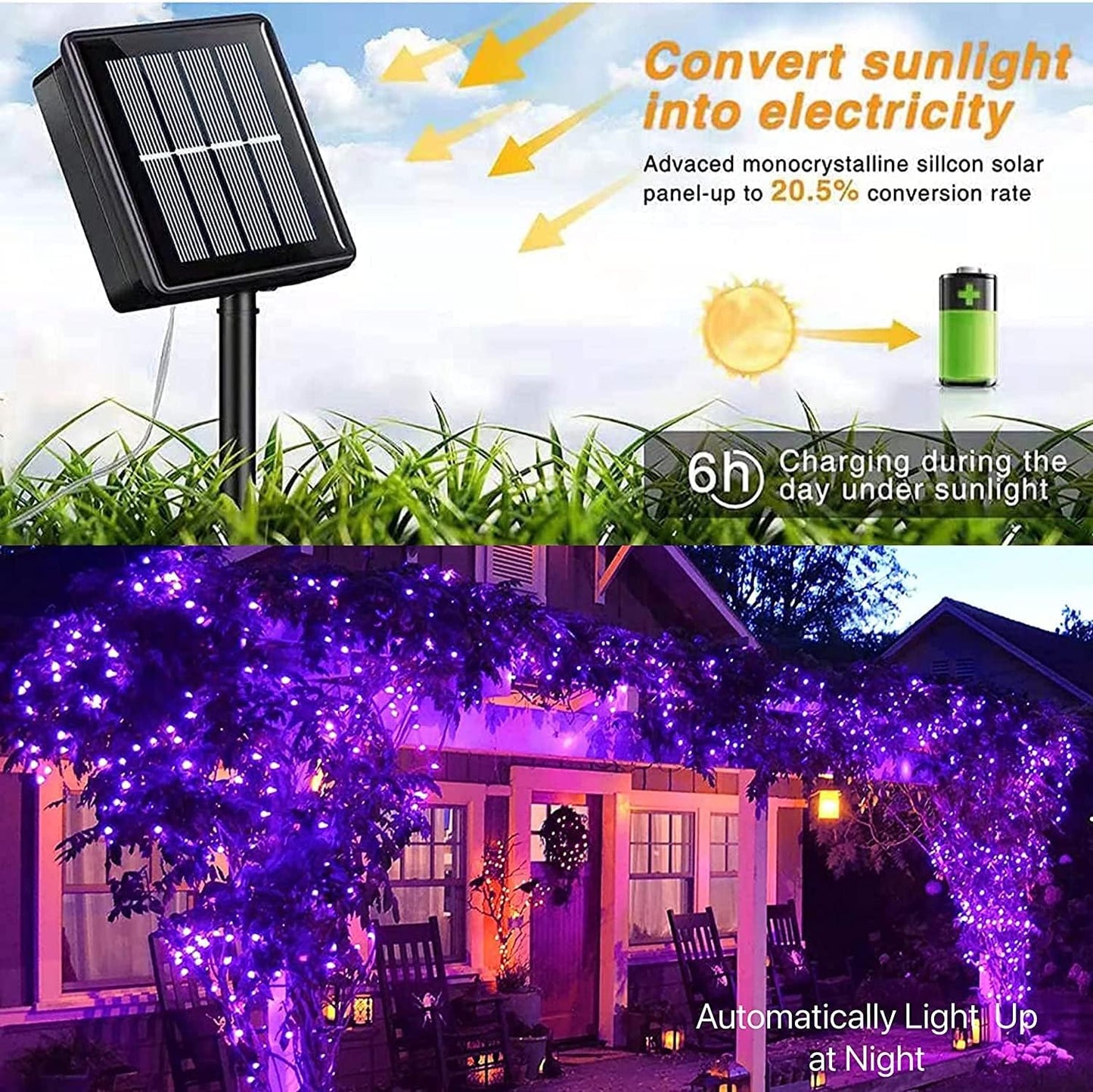 YEGUO Purple Halloween Lights Outdoor Waterproof, 4 Pack Each 33ft 100 LED Solar Fairy Lights, 8 Modes String Light for Outside