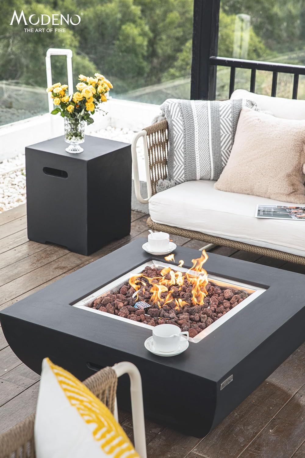 AMS Fireplace | Modeno Aurora Package | Black Liquid Propane Gas Fire Pit Table for Outside Patio Bundle with Tank Cover, Wind Guard, and SS Burner Lid | Free Rubber Mat & Ice Bucket