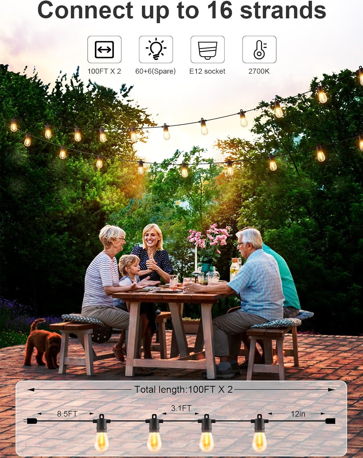 Svater Outdoor String Lights 200 FT, Patio Lights for Outside with Shatterproof LED Bulbs, Waterproof IP65 Commercial Hanging Light for Backyard Porch Balcony Bistro Party, 2700K