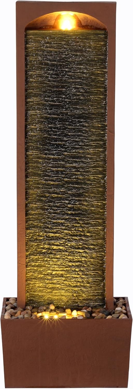 Teamson Home 38.5" Faux Slate Contemporary Outdoor LED Waterfall Fountain with Pebble Base, Red Rock