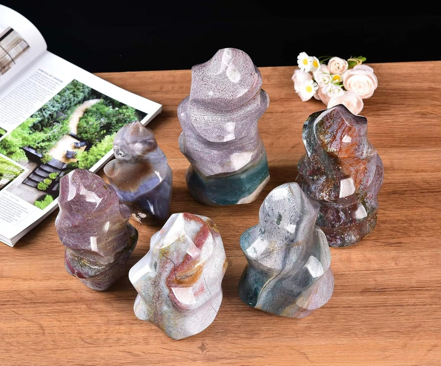 AMOYSTONE Ocean Jasper Flame Shaped Stone Towers Obelisk Natural Healing Crystal Quartz Reiki Energy Decoration Home Office Decor 3.3-4.0LBS