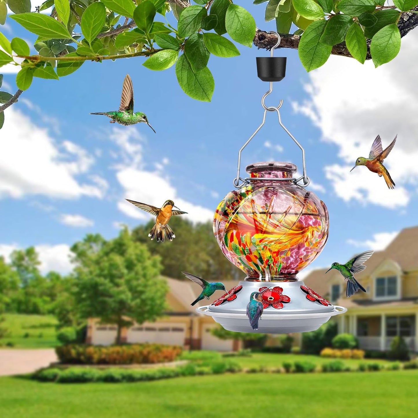 BOLITE Hummingbird Feeder, Hand Blown Glass Hummingbird Feeders for Outdoors Hanging, with Ant Moat and 5 Feeding Ports, 22 Ounces, Peony Flower Shape, Purple, Gifts for Women Men, Gifts for Mom Dad