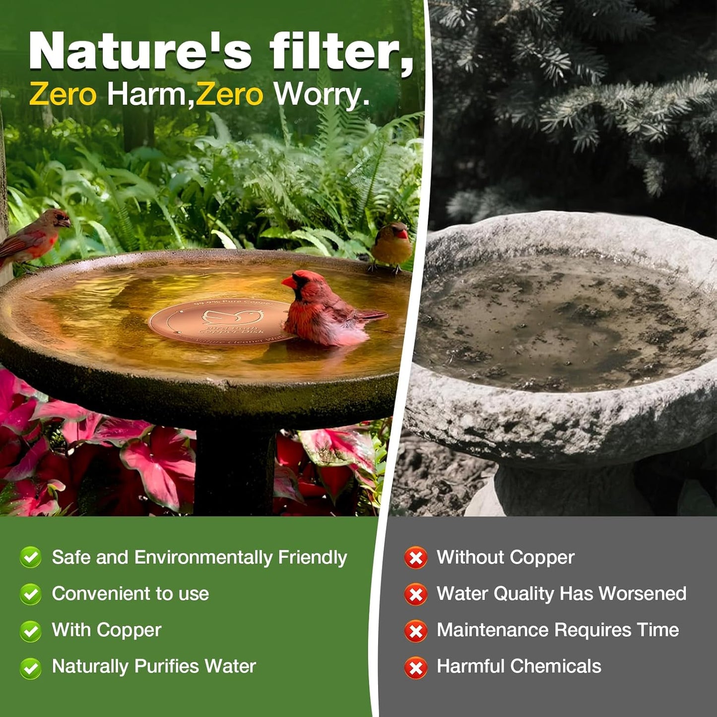 2Pack Bird Bath Copper Disk, 99.99% Pure Copper Cleaning Disc with Four-Point Support, Physical Safe Water Cleaner to Help Maintain Clearer Water for Outdoor Birdbaths & Bowls, All-Season Use