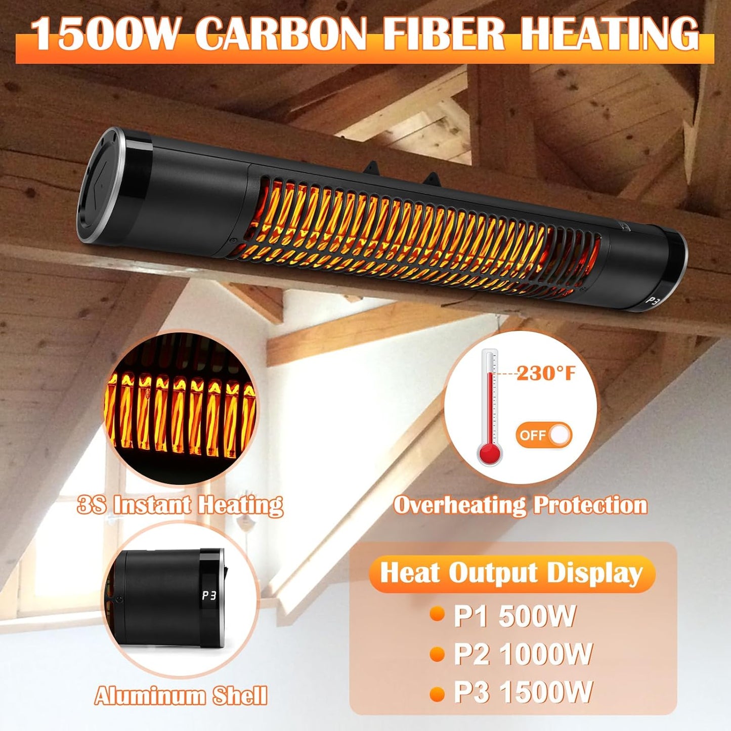 Electric Outdoor Heater, 1500W Patio Heater for Outdoor Use, Wall-Mounted Carbon Infrared Heater,With Remote, 3 Heat Levels, 8H Timers, Radiant Heater for Garage, Gazebos, Shop, Pack of 2