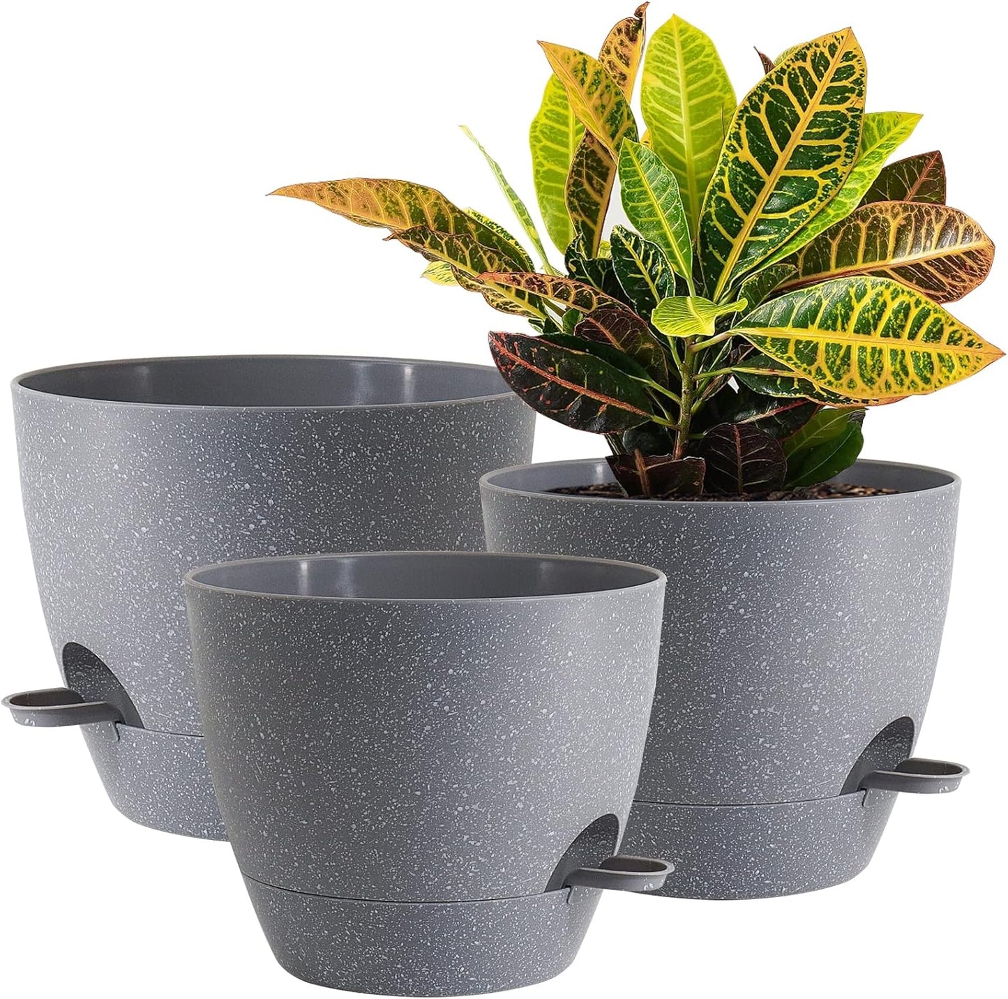10/9/8 inch Self Watering Pots, Set of 3 Plastic Planters with Mesh Drainage Holes and Deep Reservoir for Indoor Outdoor Garden Plants and Flowers, Grey Speckles