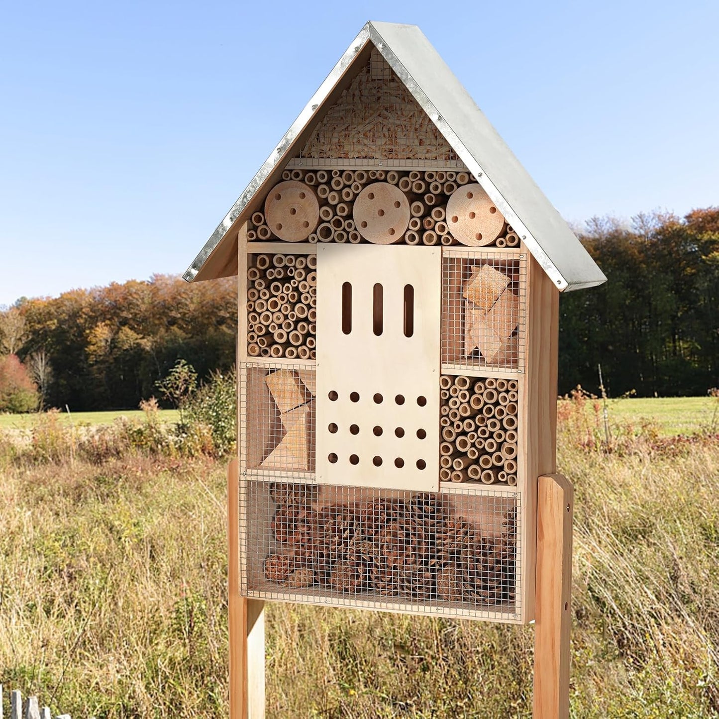 antiai Extra Large Wooden Insect House with Stakes,Wood Mason Bee Butterfly House,Insect Hotel,an Outdoor Bamboo Habitat for Ladybugs Live,Bee Box,Butterfly Habitat for Garden and Yard,30" H x15 W