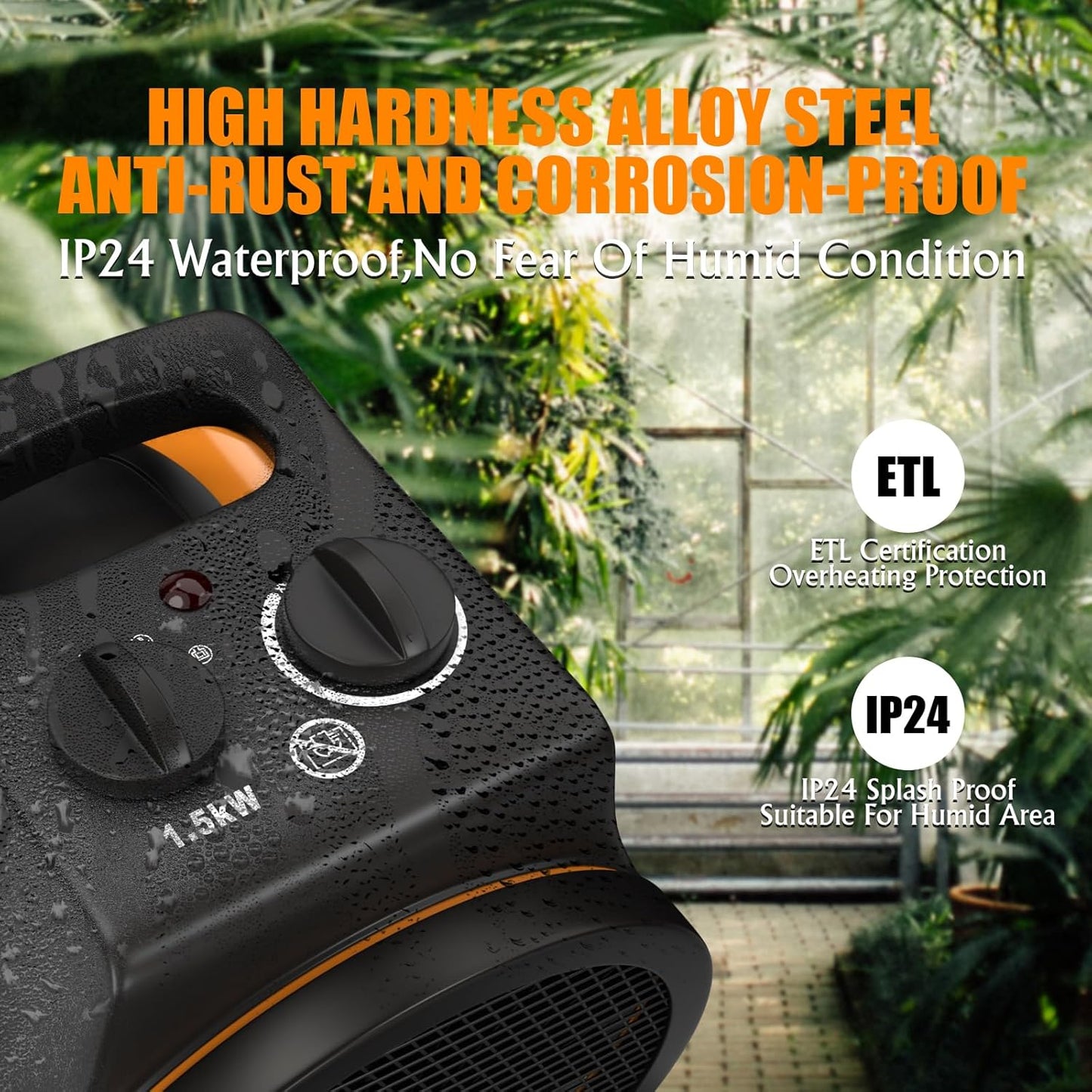 Gardtech Greenhouse Heater with Digital Thermostat, 1500W Portable Outdoor Heater with Overheat Protection, Grow Tent Heaters [Stronger air volume] Fast Heating for Patio, Garage, Flower House(Orange)