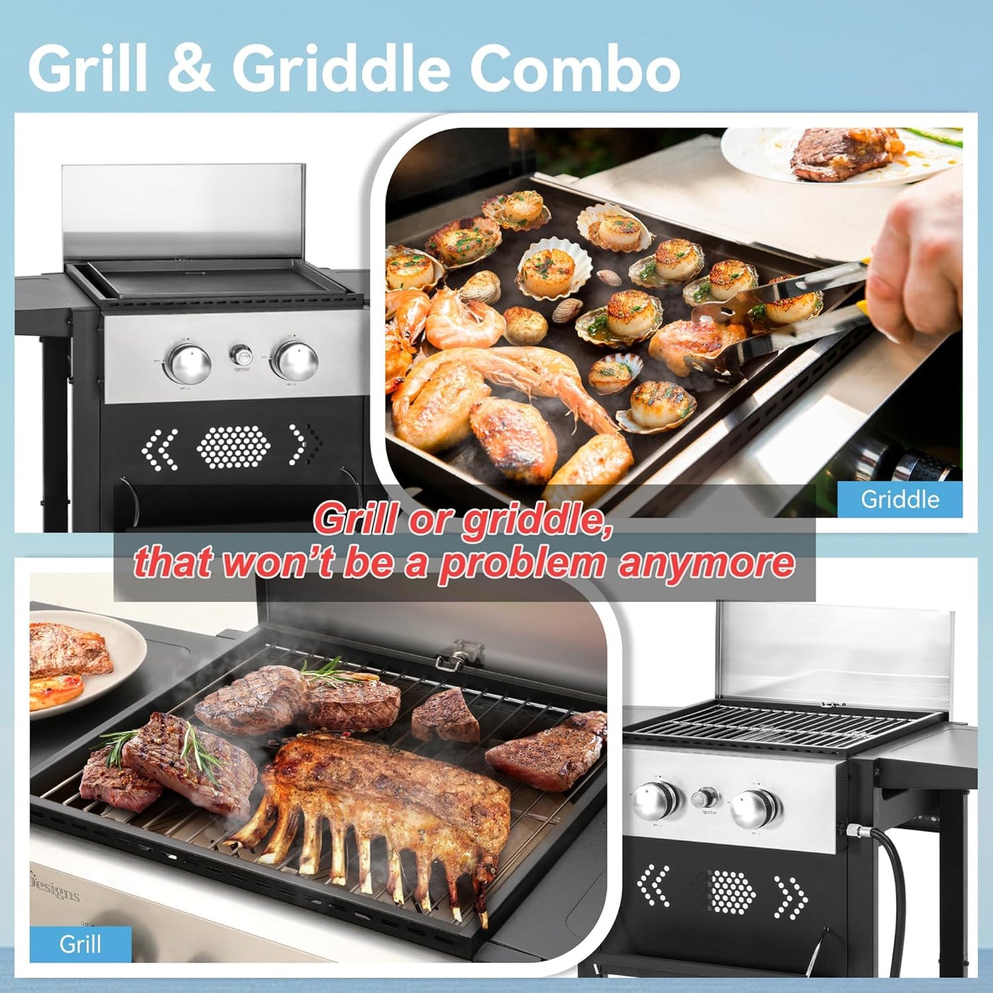 GREEN PARTY 2 Burner Griddle Grill Combo, 2 in 1 Propane Gas BBQ Grill w/Cast Iron Plate, 20,000 BTU Output Small Flat Top Propane Barbecue Grill for Camping, Patio, Backyard, Balcony