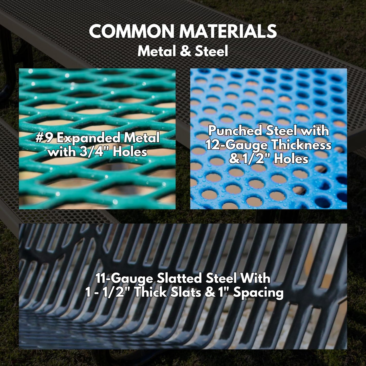 Heavy-Duty Outdoor Bench Thermoplastic Coated, Punched Steel, Commercial-Grade Garden Bench, Made in America (Portable with Back, 4 Ft, Textured Grey)